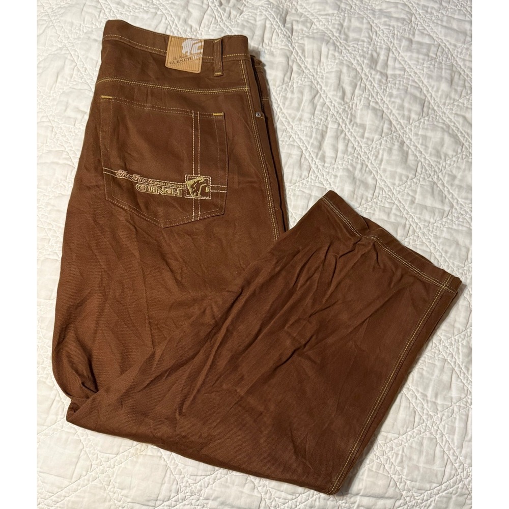 Clench Jean Brown Baggy Wide Leg Denim Pants Mens 42x32 Vintage y2k embroidered